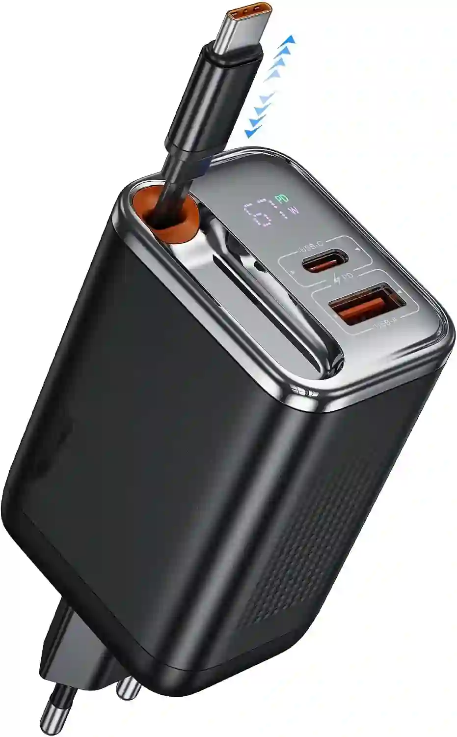 65W Retractable Wall Charger, USB C Charger Block Built-in Type C Cable & Dual Port, PD PPS Fast Charging GaN Power Adapter Travel Charger for MacBook,Lenovo IdeaPad,iPhone 17 Pro Max,Galaxy S24